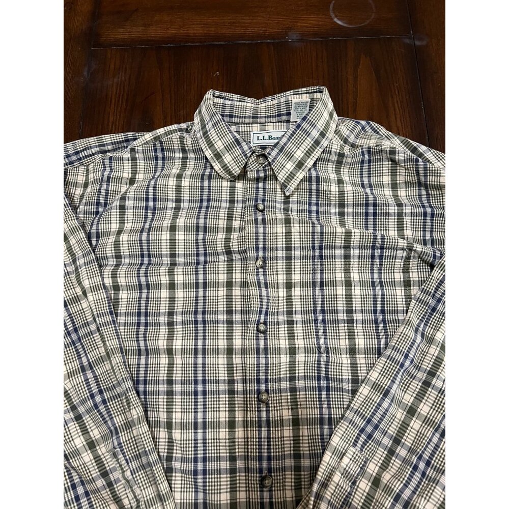L.L. Bean Plaid Button Down Shirt Blue Green Cream Casual Professional Men's XL - Picture 2 of 6